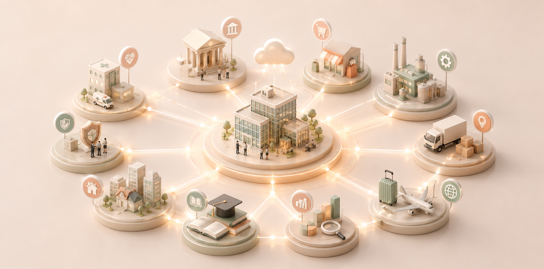 Fourteen industry environments connected around a shared technology hub