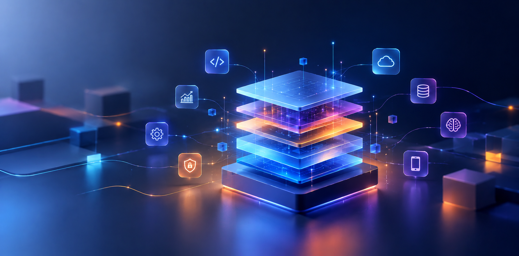3Shadz technology categories connected across a digital network - frontend, backend, mobile, cloud, AI, data, DevOps, databases and commerce