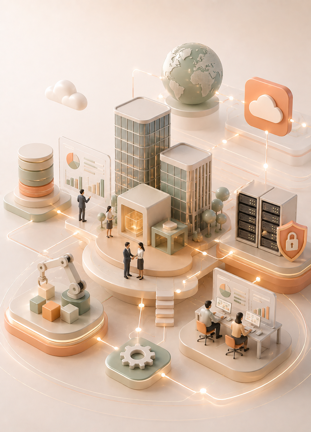 Enterprise teams reviewing connected business systems and dashboards