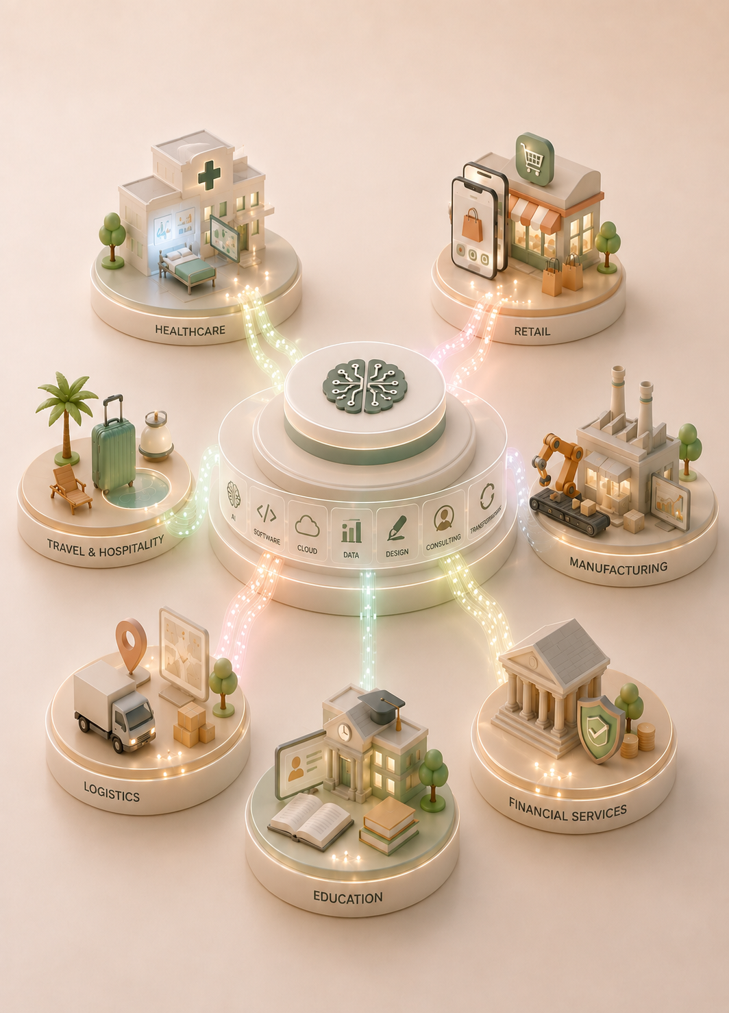 A central hub of AI, software, cloud, data, design and consulting capabilities connected to healthcare, retail, manufacturing, logistics, education and financial services