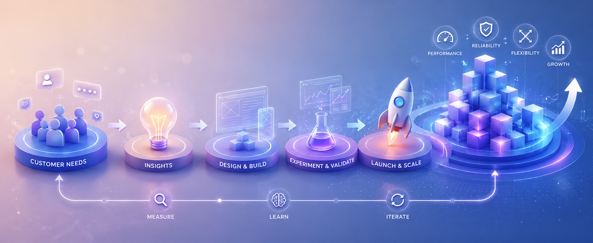 Digital product lifecycle from customer discovery through MVP, product-market fit, and scale