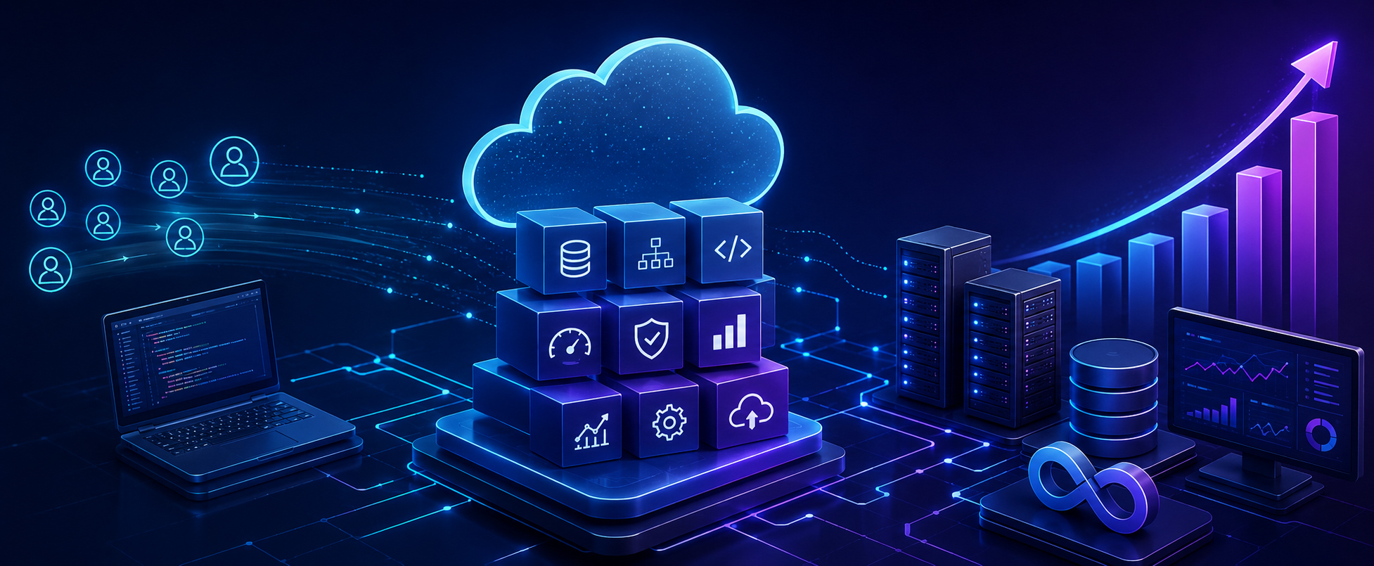 Load balancer distributing traffic across stateless application instances backed by a cache, message queue, and replicated database
