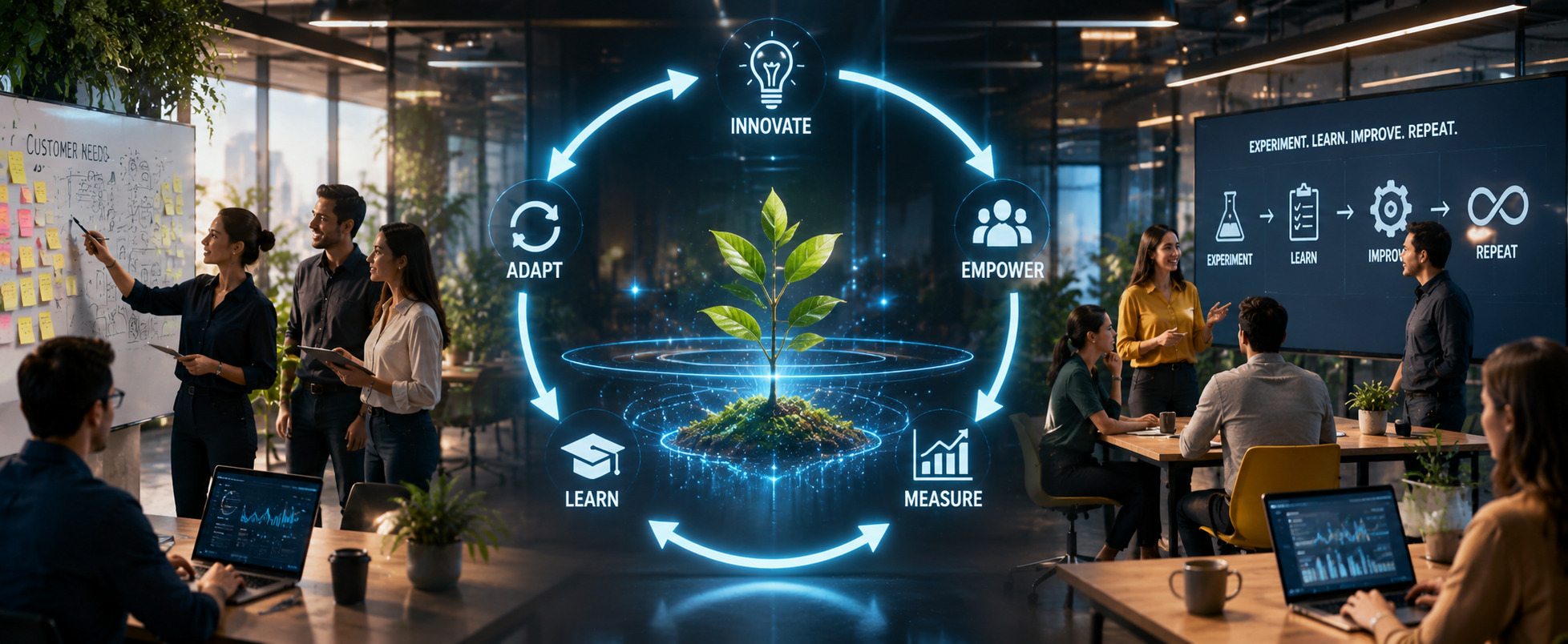 Leaders and teams sustaining transformation as an ongoing operating rhythm rather than a one-off project