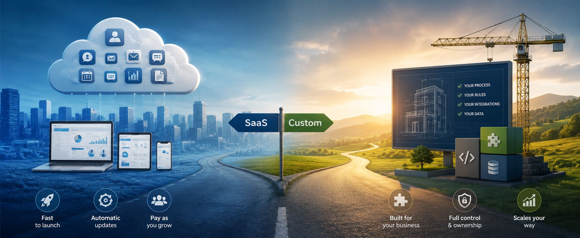 Side-by-side comparison of a SaaS subscription product and custom-built business software