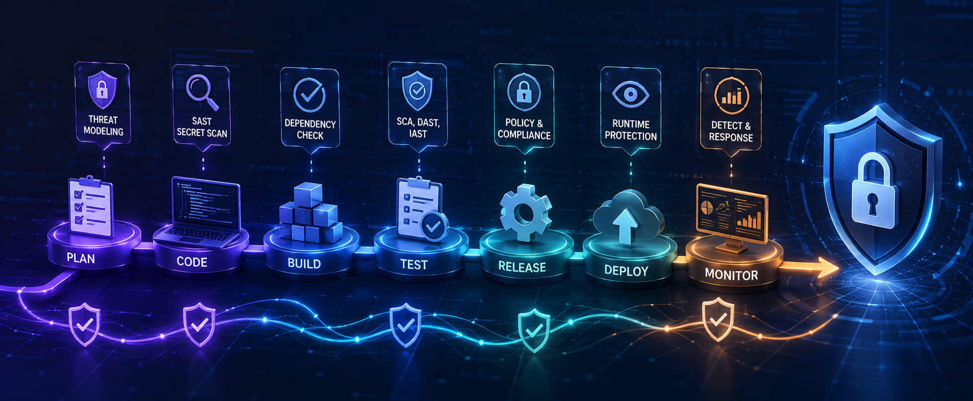 Security checks woven into each stage of a DevSecOps software delivery pipeline