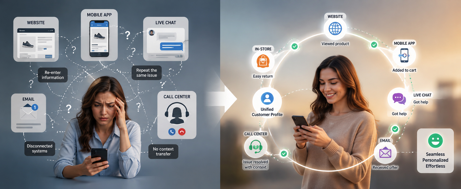 A customer journey flowing seamlessly across web, mobile, store, and contact center touchpoints