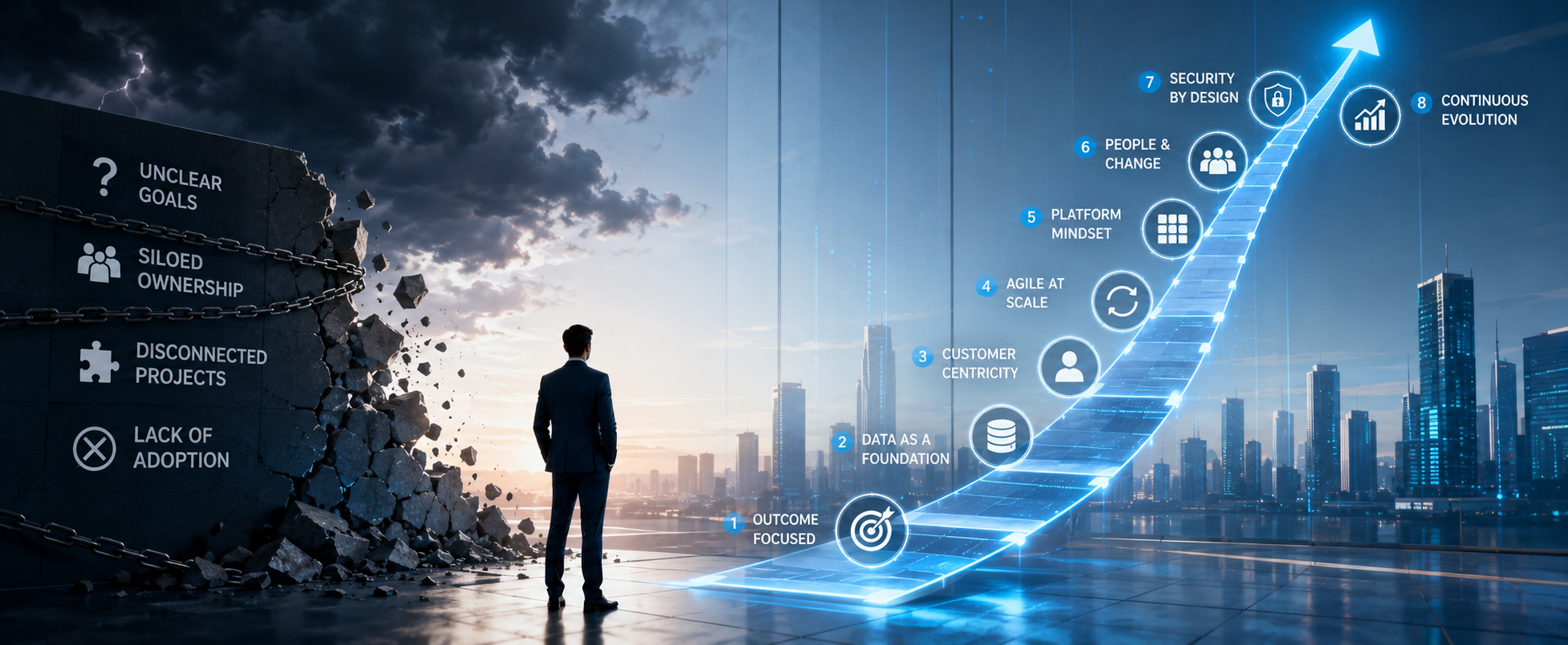 A digital transformation strategy roadmap connecting customer outcomes, data, cloud platforms, and operating-model change