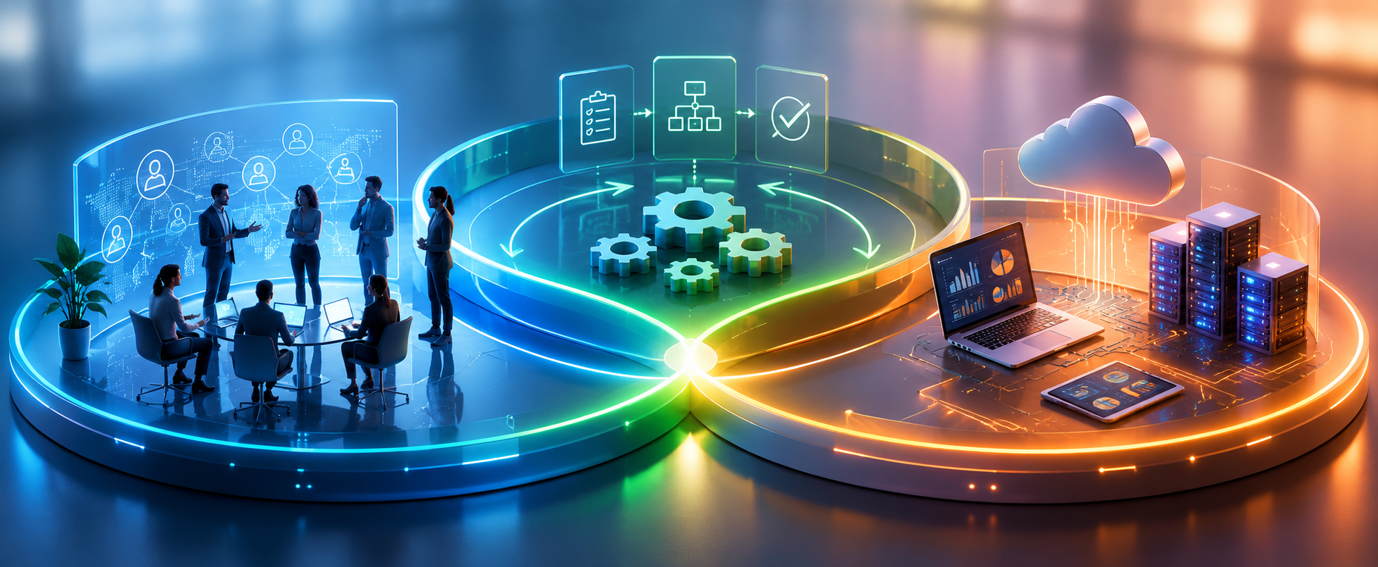 People, process, and technology shown as three interlocking dimensions of digital transformation