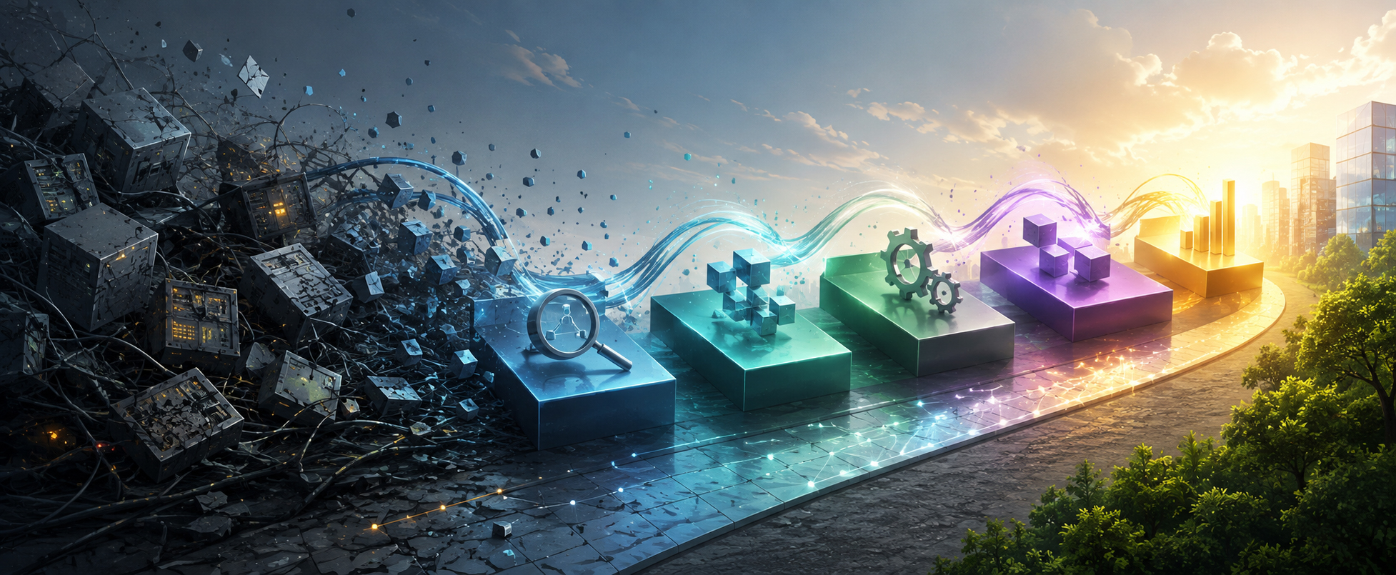 A phased digital modernization roadmap covering applications, data, integrations, and operating model