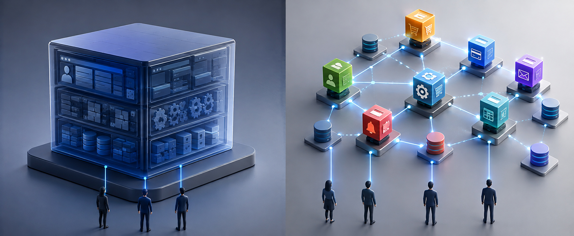 Diagram comparing a single-unit monolith with an independently deployed microservices architecture