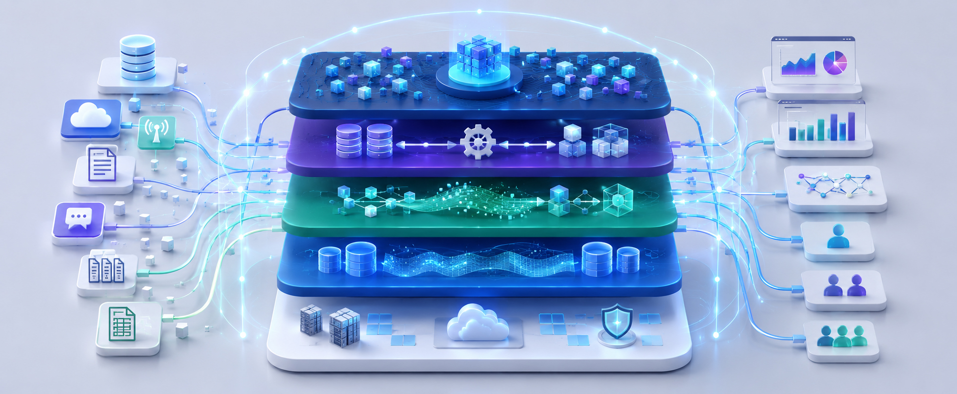 The layered architecture of a modern enterprise data platform, from ingestion through storage and processing to governance and serving