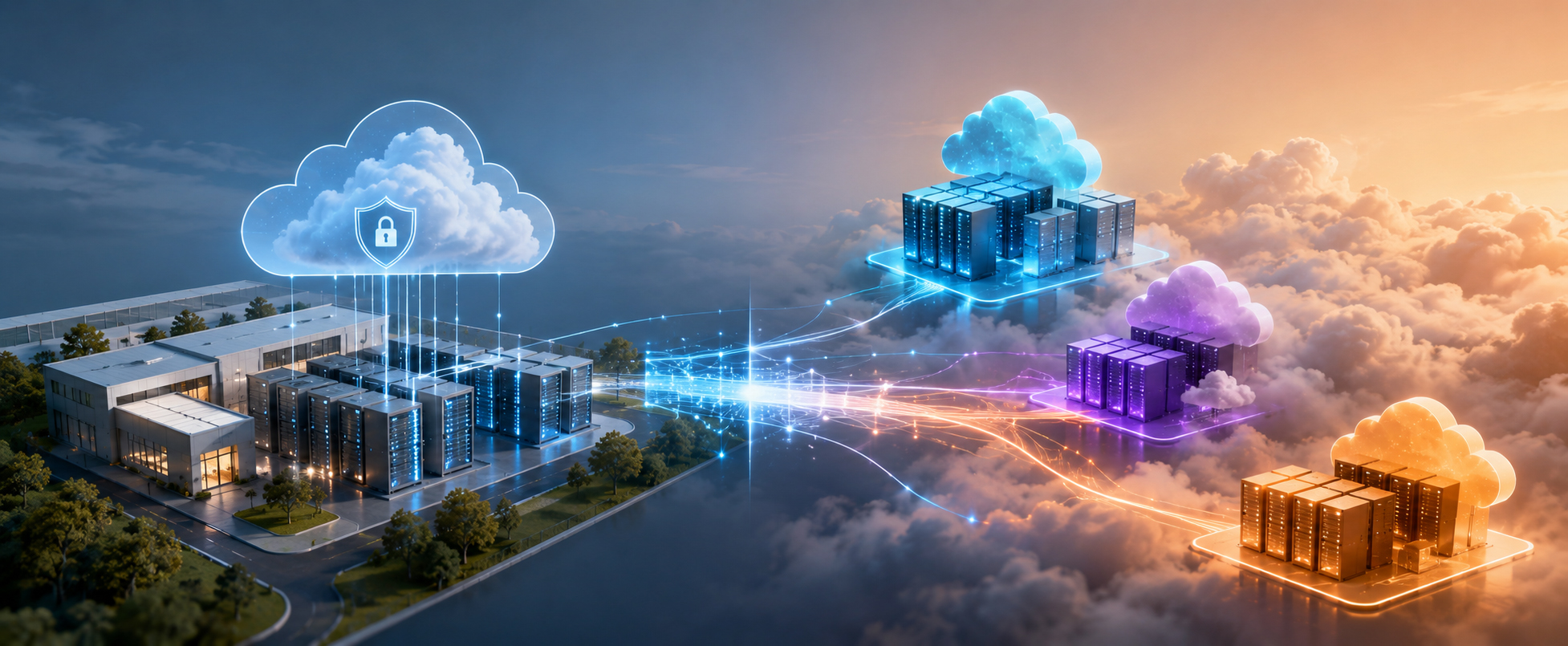 Diagram comparing a multi-cloud strategy across public providers with a hybrid cloud spanning public and private infrastructure