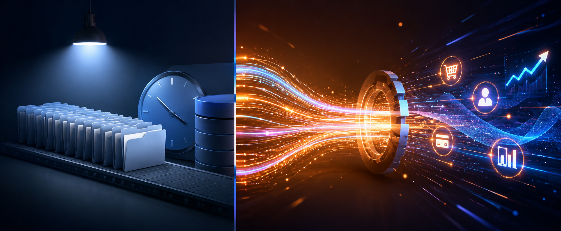 A streaming data pipeline moving events from sources through processing to real-time decisions