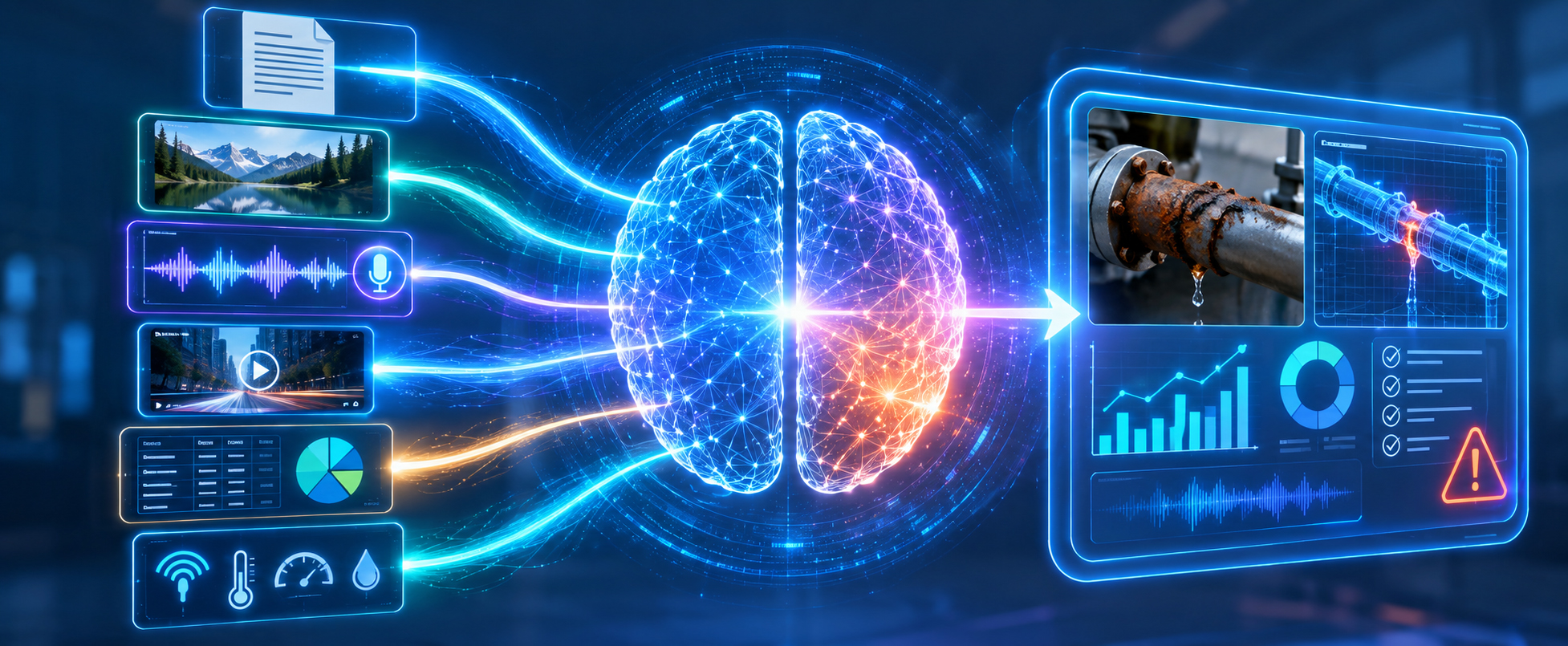 A multimodal AI model taking in text, image, audio, and structured data and producing a single reasoned output