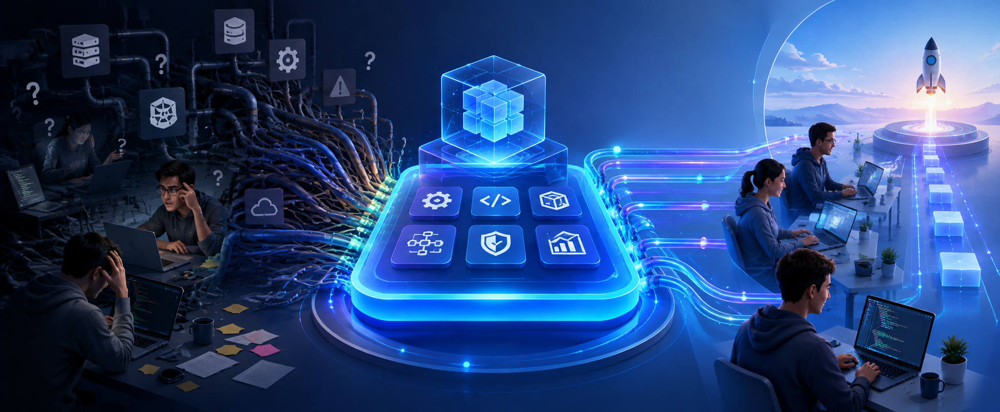 Developers using self-service golden paths on an internal developer platform