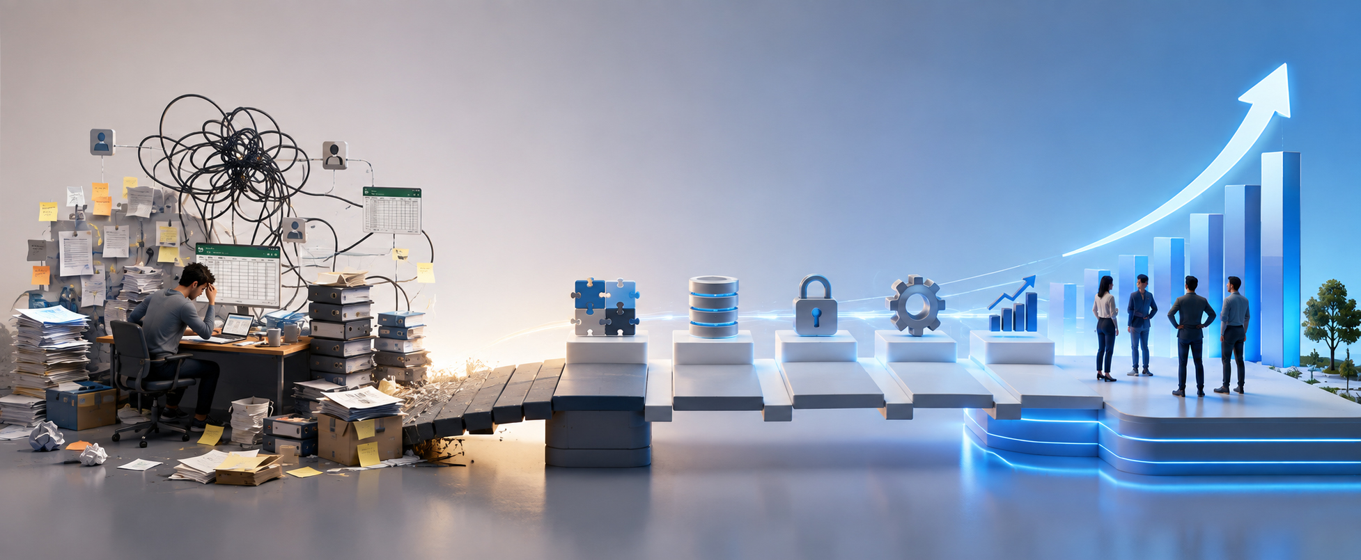 A growing business's technology evolving from manual tools and spreadsheets to integrated, scalable systems