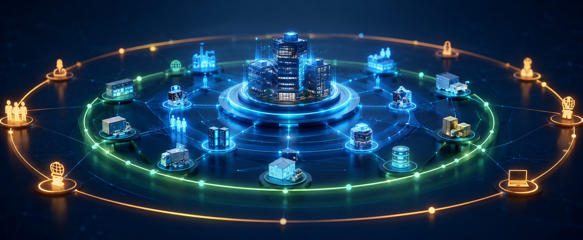 Internal systems, partners, and customers linked through connected platforms into one operating model