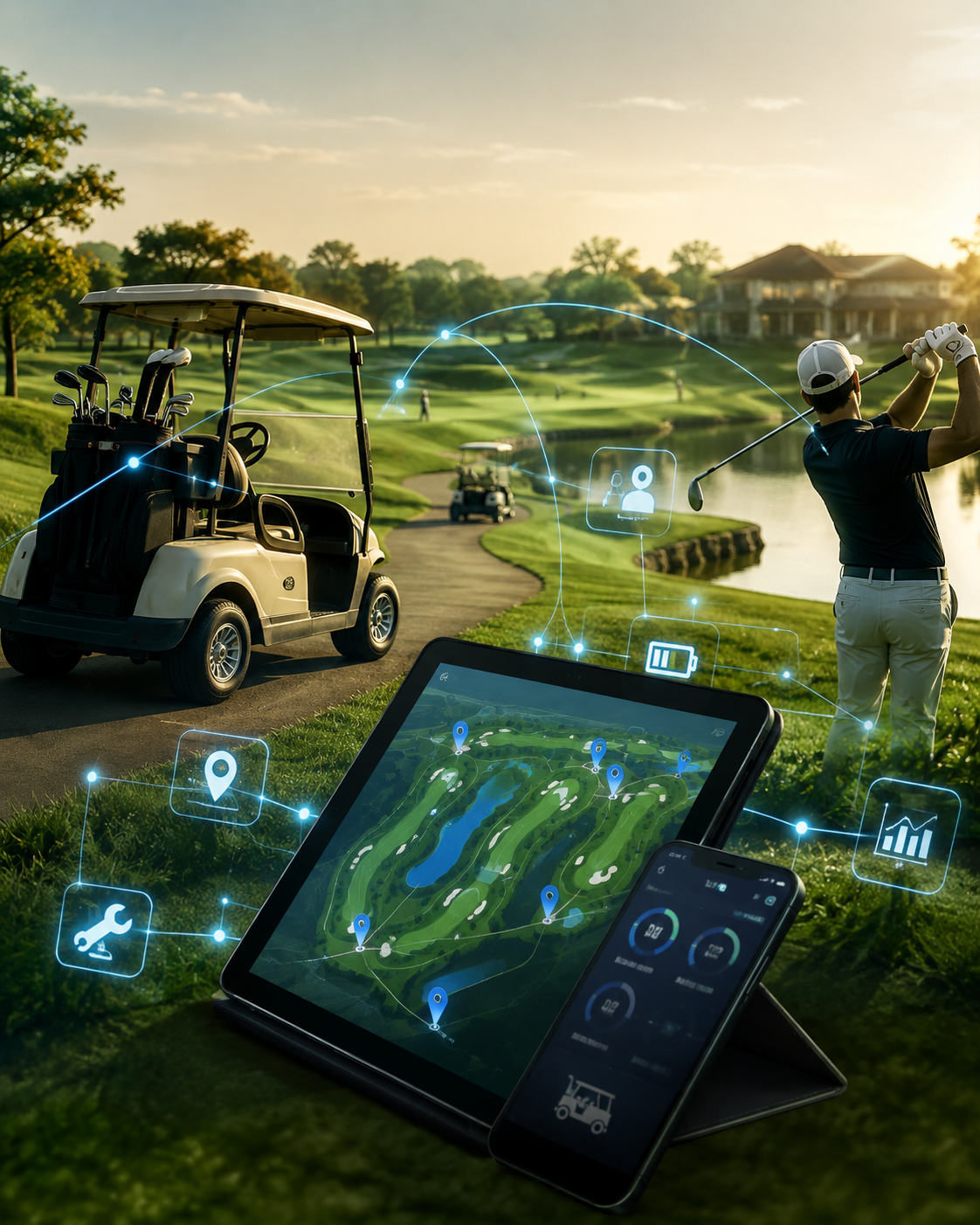 Yamaha Golf-Car connected fleet: GPS-tracked carts, course map and live telemetry on tablet and phone