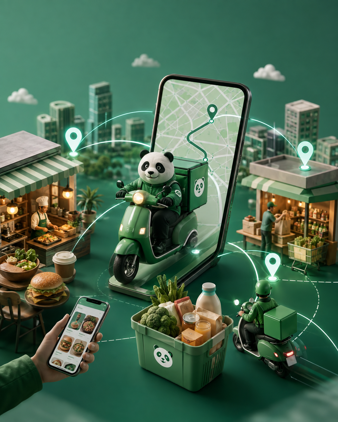 Foodpanda delivery riders, live map tracking and marketplace vendors connected in real time