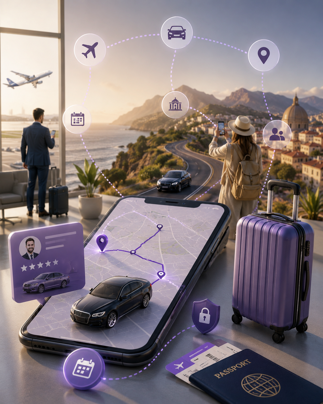 Daytrip global travel network with a private transfer car, live route map and journey essentials