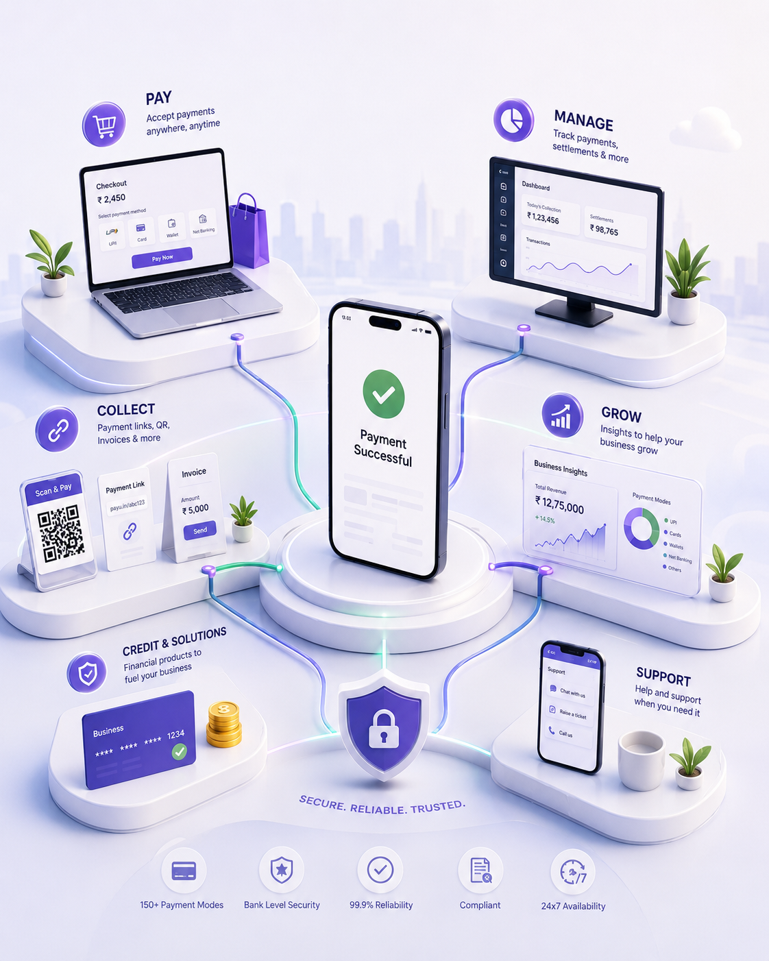 Digital payments platform: checkout, business dashboard, payment success and secure collection tools