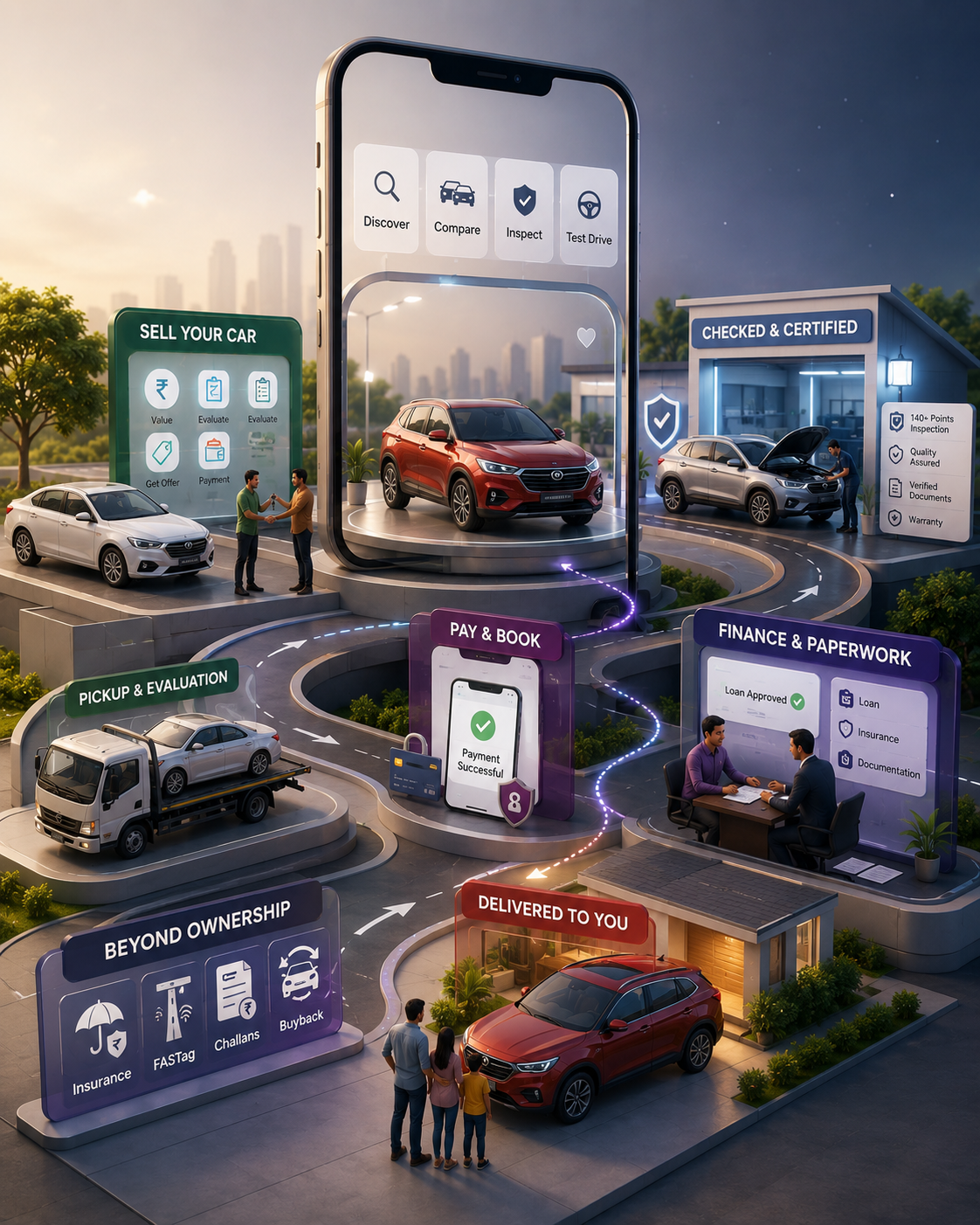 Digital automotive platform: discover, inspect and test drive a car, sell your car, finance and paperwork, and delivery to your door