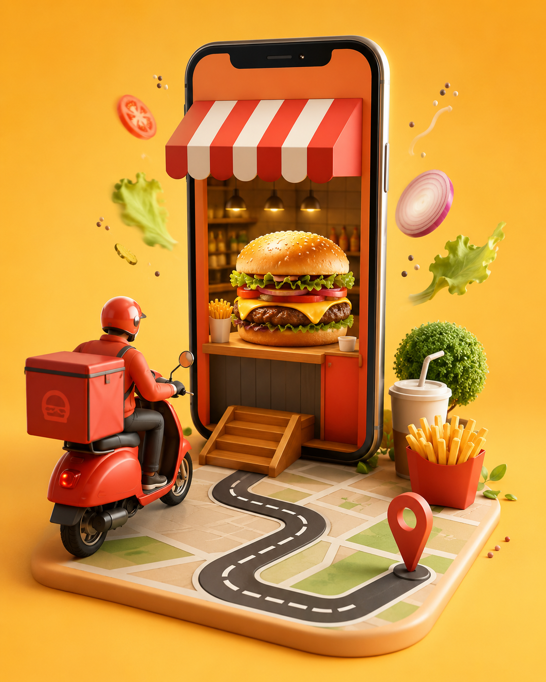 Cheesy Burger mobile ordering app: digital storefront, delivery rider and live route map