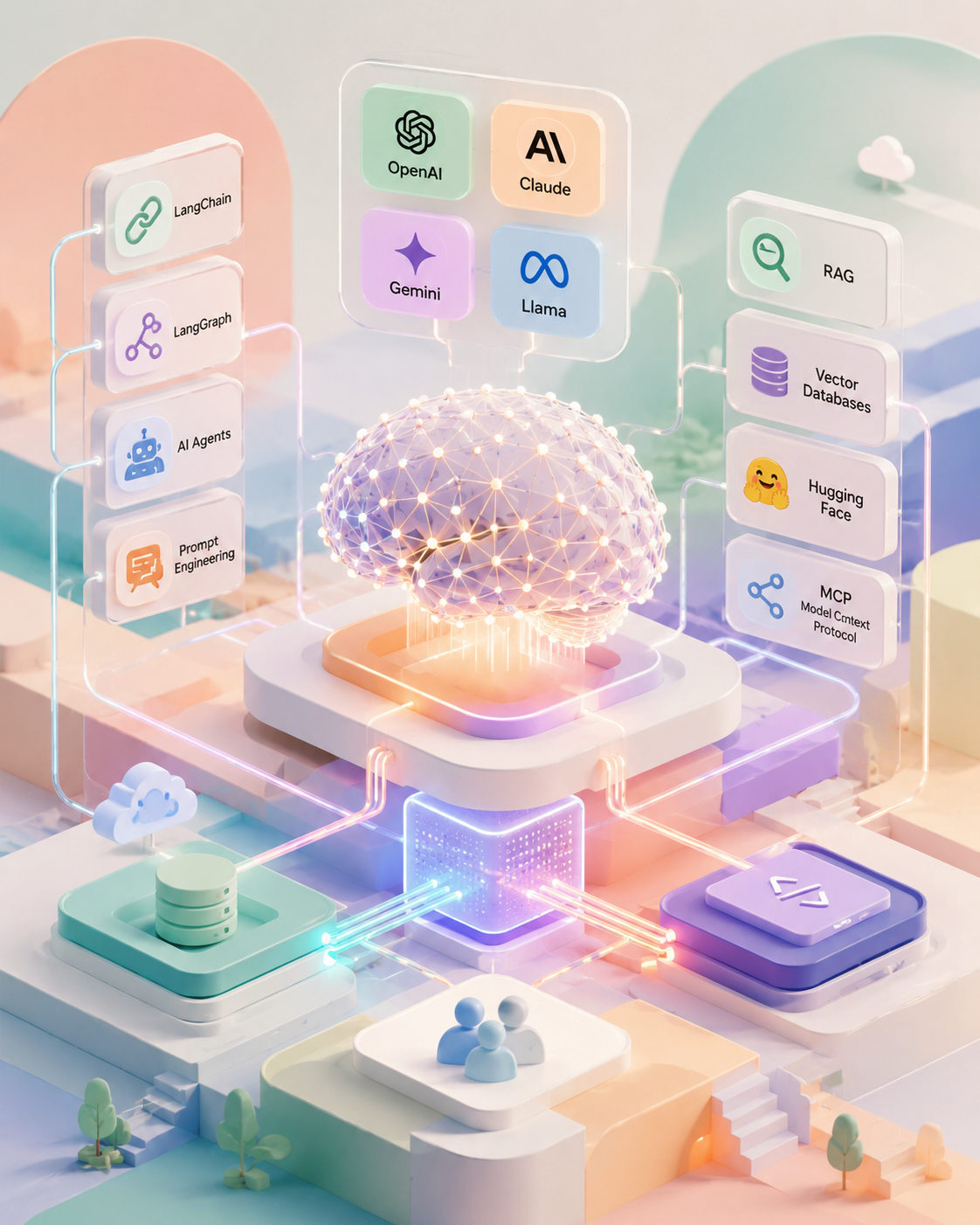 3Shadz AI and machine learning technology stack illustration showing OpenAI, Claude, Gemini, Llama, LangChain, LangGraph, AI Agents, Prompt Engineering, RAG, Vector Databases, Hugging Face, and MCP connected around a central intelligence core