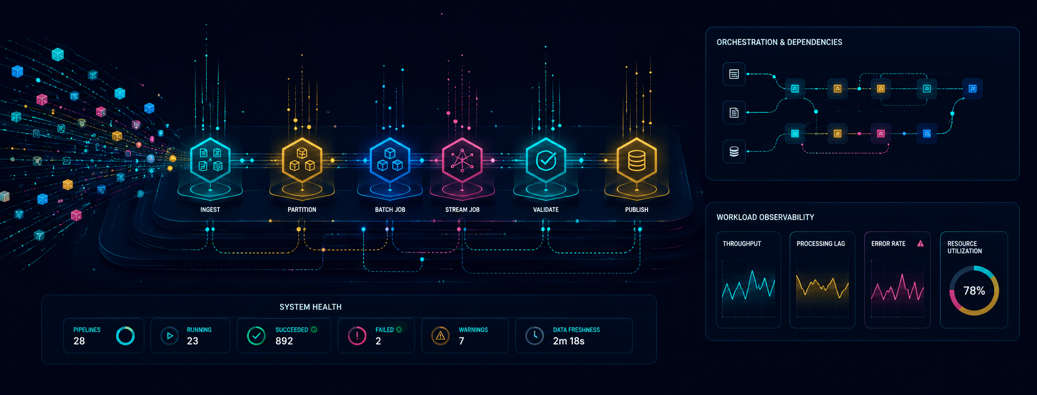 Illustrative workload health dashboard for a distributed 3Shadz data pipeline