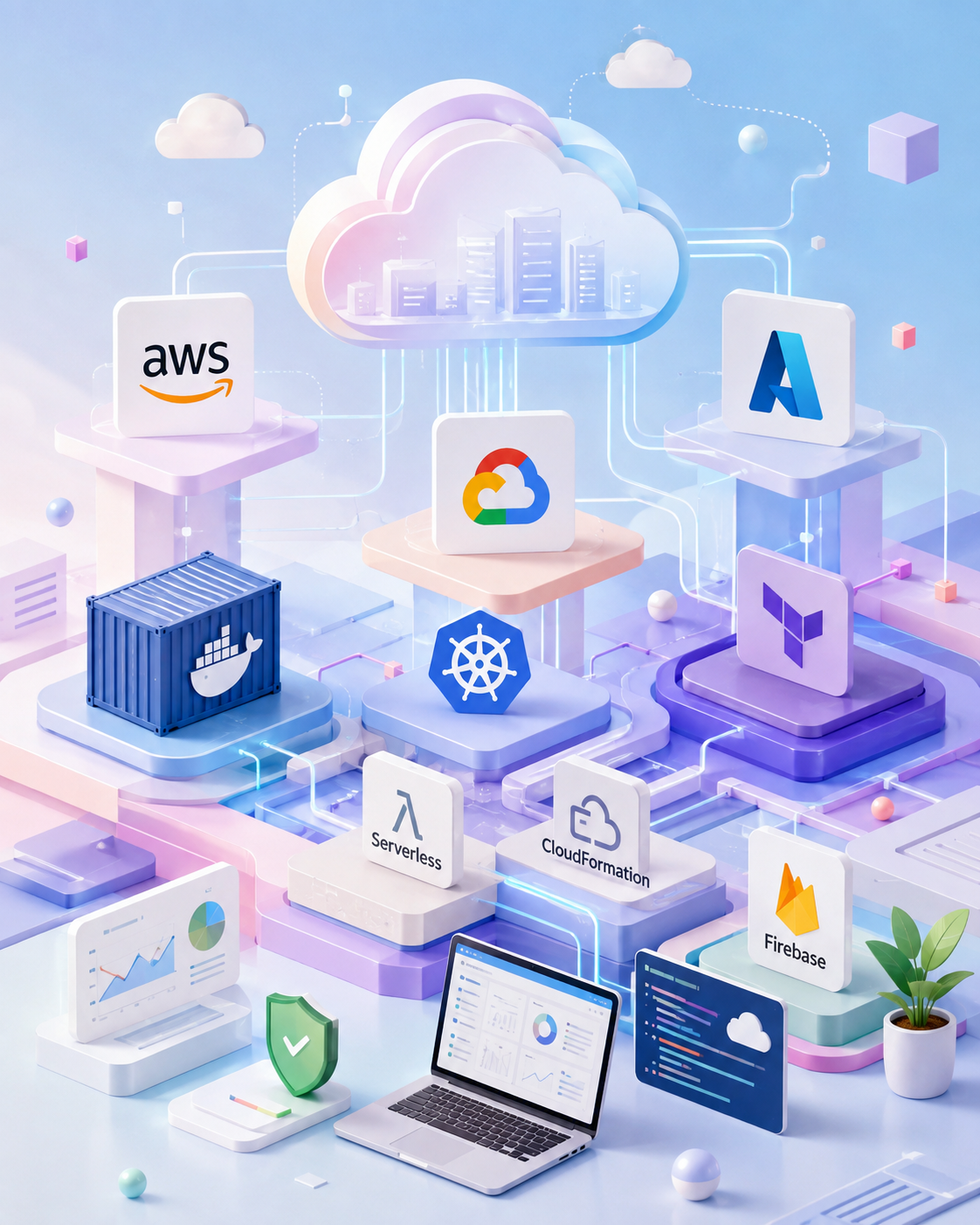 3Shadz cloud technology stack illustration showing AWS, Azure, Google Cloud, Docker, Kubernetes, Terraform, CloudFormation, Serverless, and Firebase connected around a central cloud infrastructure