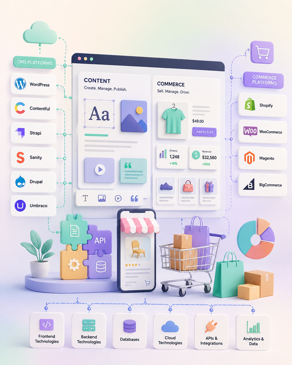 3Shadz CMS and digital commerce technology stack connecting WordPress, Contentful, Strapi, Sanity, Drupal and Umbraco content platforms with Shopify, WooCommerce, Magento and BigCommerce commerce platforms around a central content and commerce experience