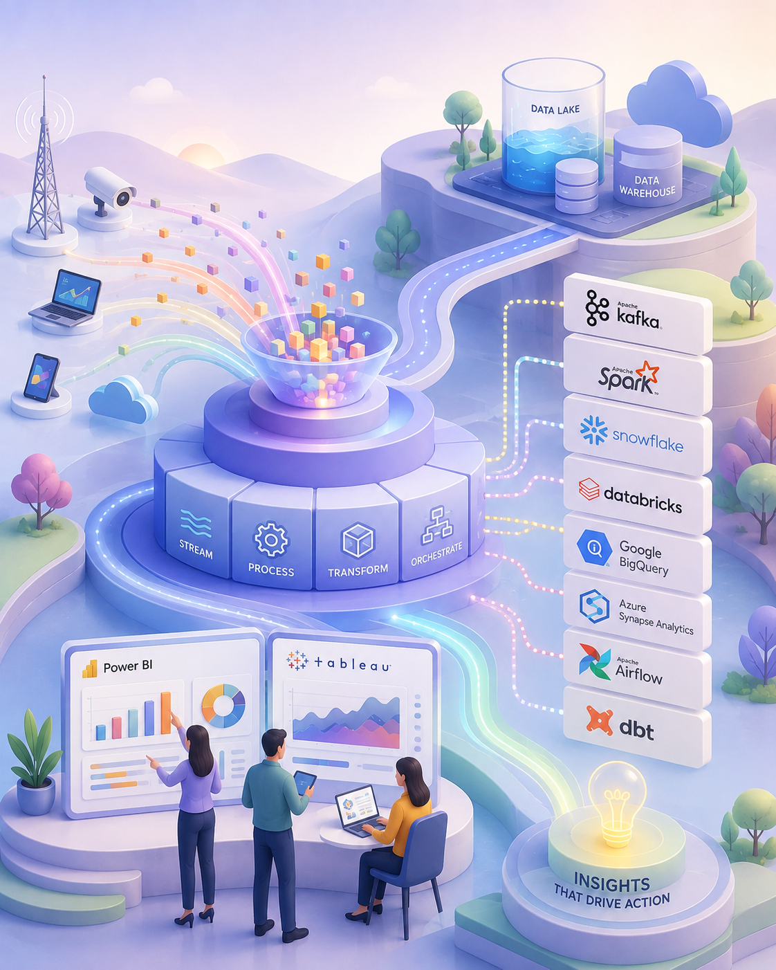 3Shadz data technology stack illustration showing data streaming, processing, transformation, and orchestration flowing into Apache Kafka, Apache Spark, Snowflake, Databricks, Google BigQuery, Azure Synapse Analytics, Apache Airflow, dbt, Power BI, and Tableau
