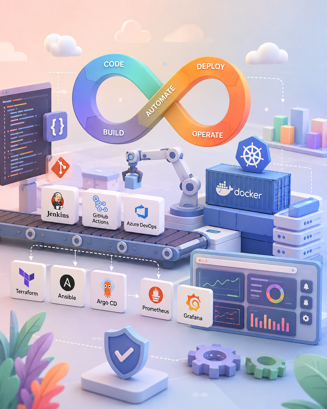 3Shadz DevOps and automation pipeline connecting source control, CI/CD, containerization, infrastructure as code, Kubernetes, and observability