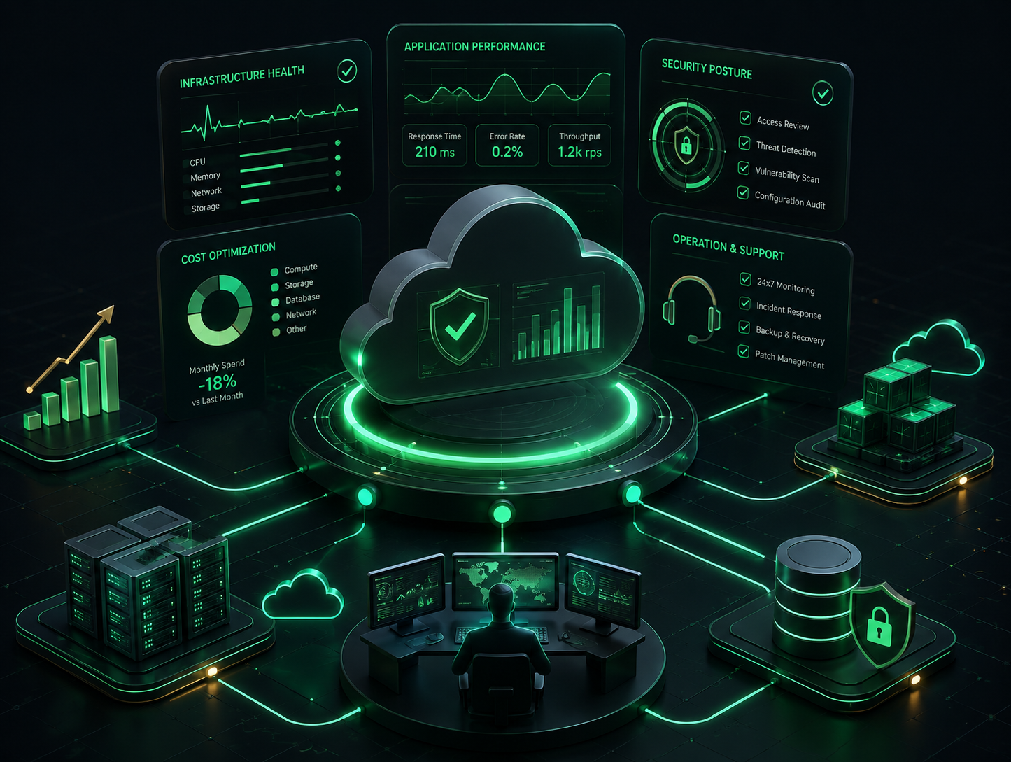 3Shadz Managed Cloud Services team monitoring a live cloud environment against a documented operating baseline