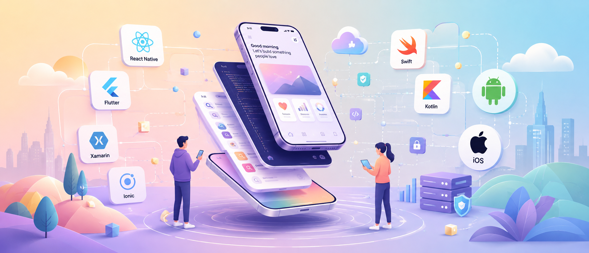 3Shadz mobile technology stack illustration showing React Native, Flutter, Xamarin, Ionic, Swift, Kotlin, Android, and iOS connected around mobile app interfaces