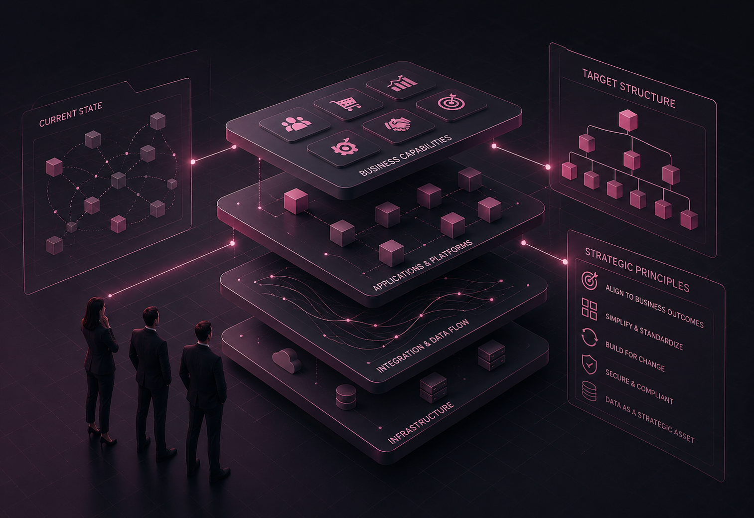 A fragmented application portfolio being rationalized into a simplified, intentional architecture