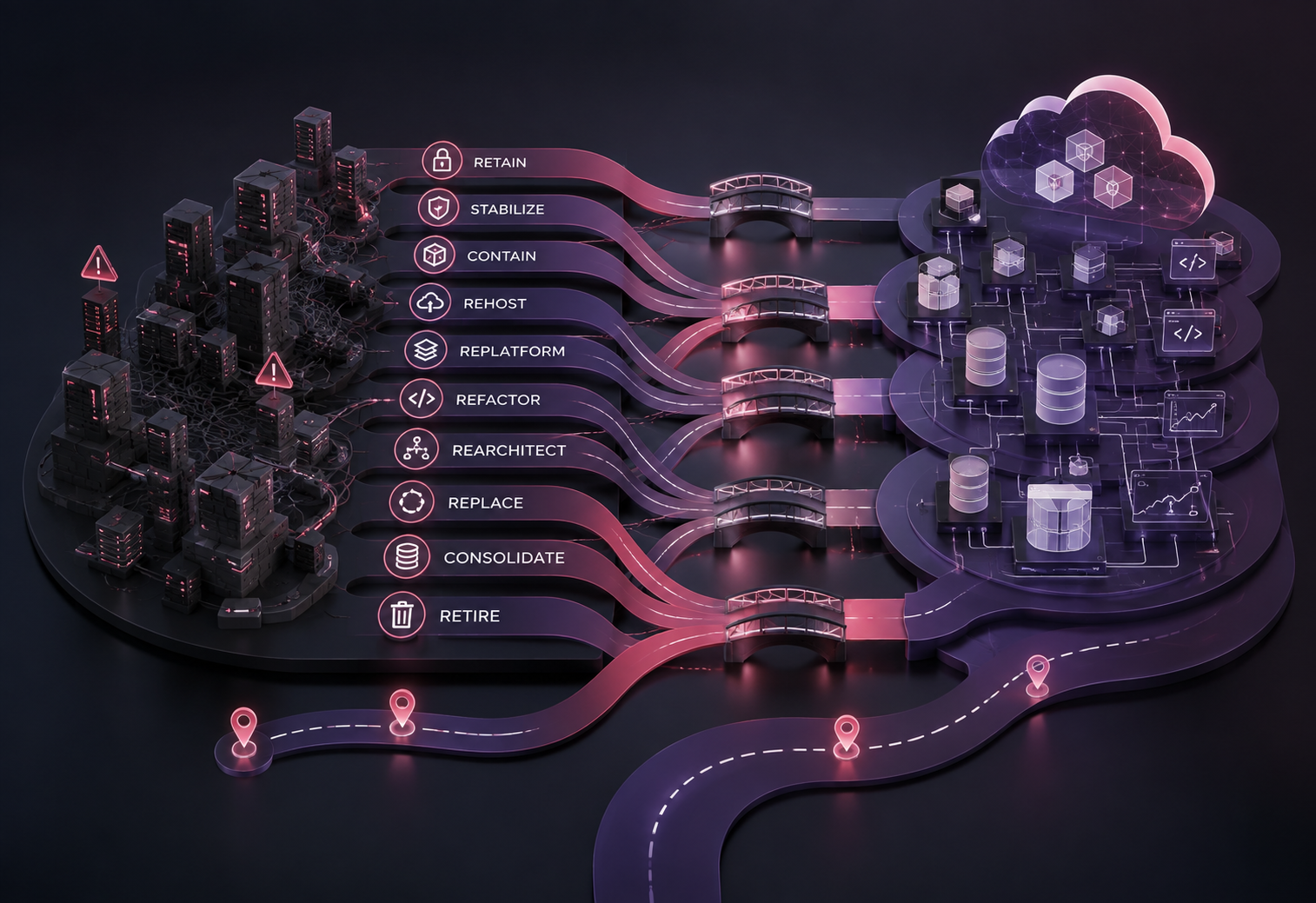 A technology estate evolving through several modernization pathways at once, rather than one uniform migration