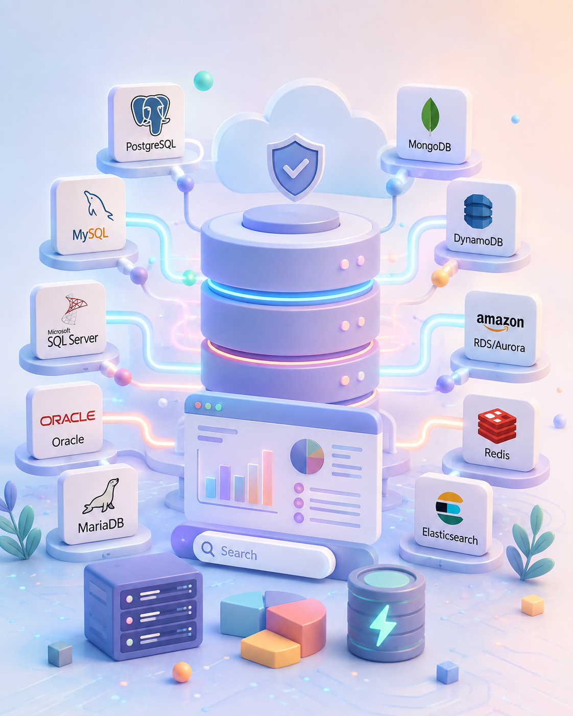 3Shadz database technology stack connecting PostgreSQL, MySQL, Microsoft SQL Server, Oracle, MariaDB, MongoDB, DynamoDB, Amazon RDS and Aurora, Redis, and Elasticsearch around a central secured data store