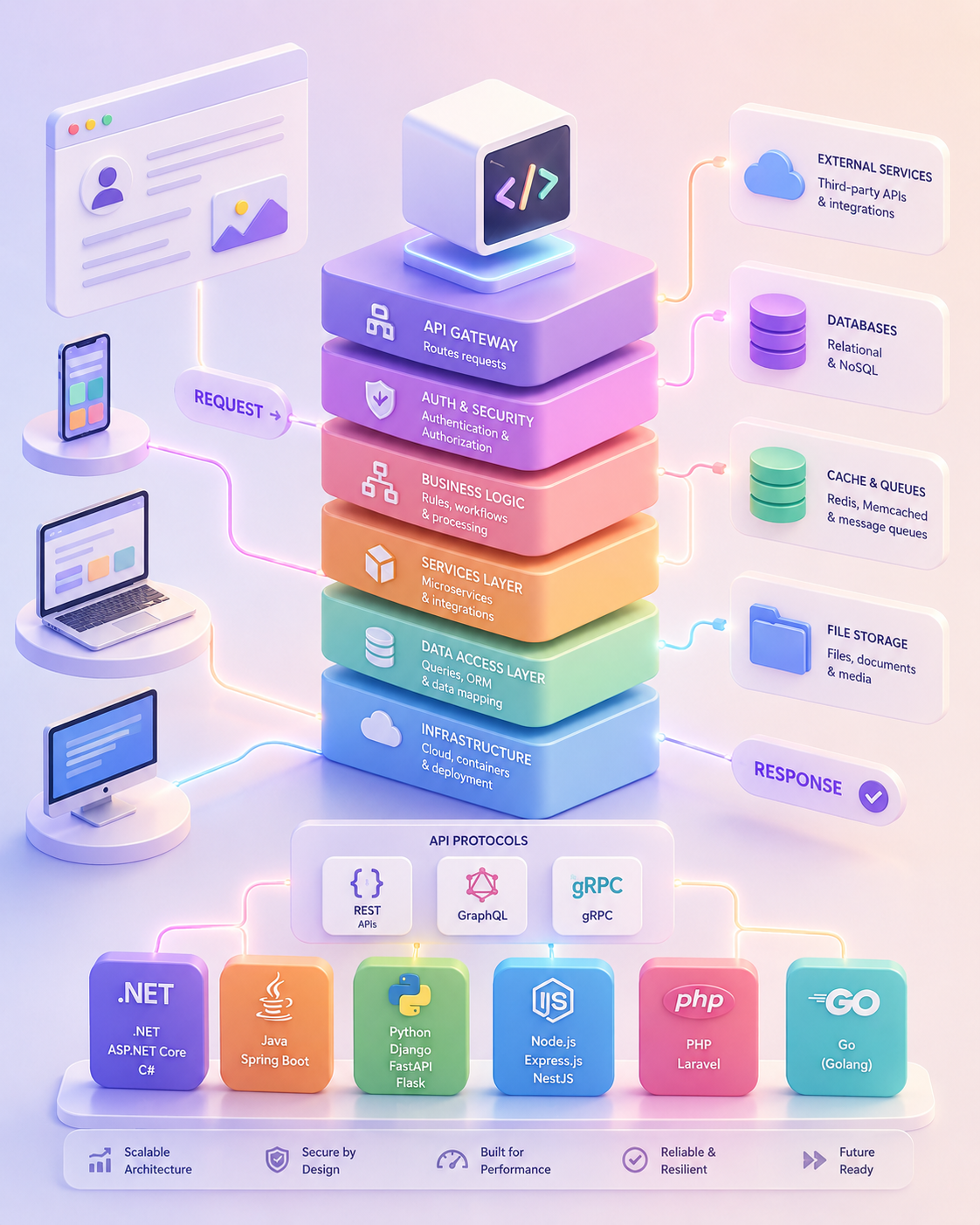 3Shadz backend architecture diagram showing a layered API gateway, auth, business logic, services, and data access stack connecting clients to databases, caches, and external services across .NET, Java, Python, Node.js, PHP, and Go